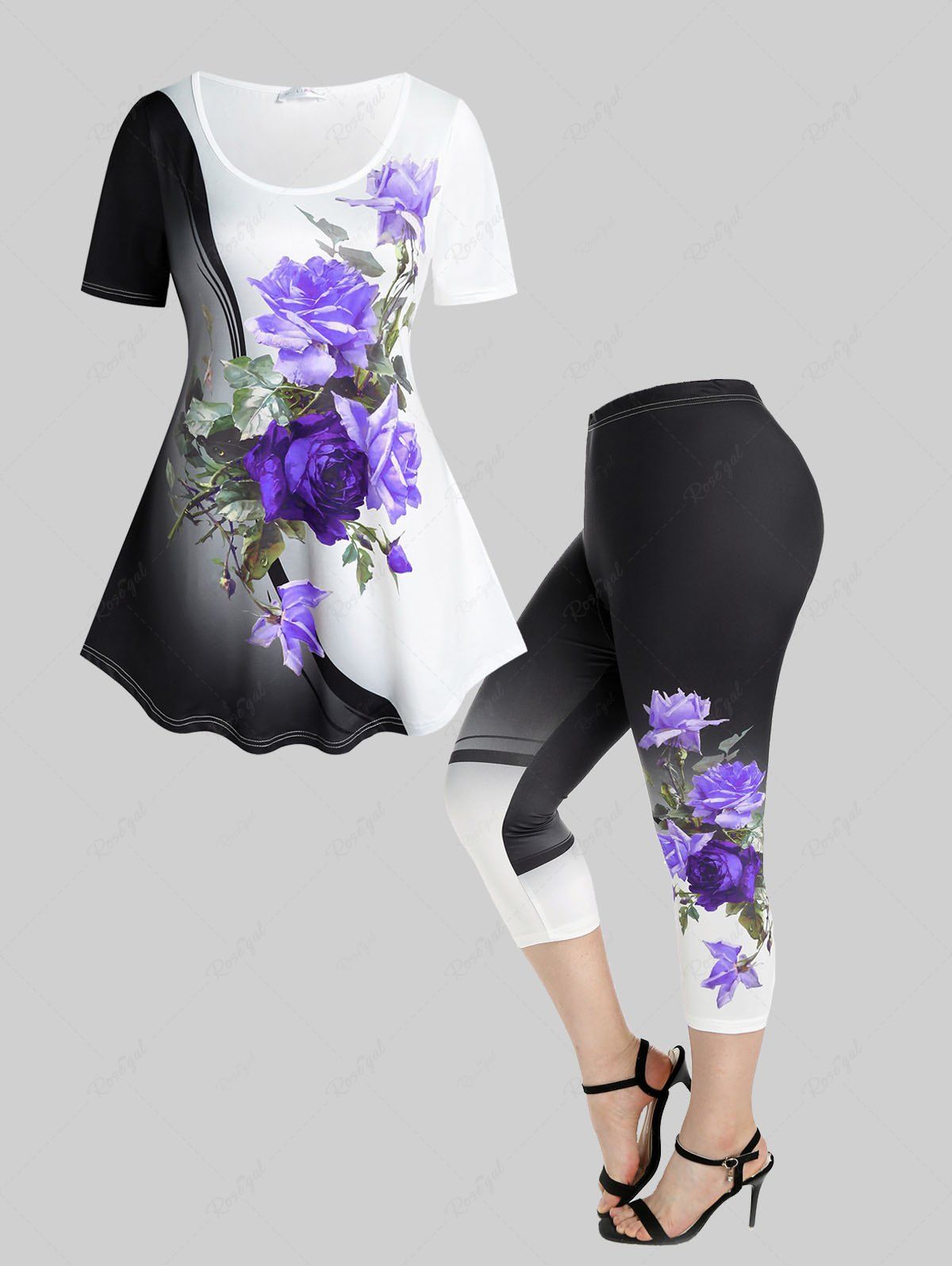Chic Rose Print Colorblock T-shirt and High Waist Rose Print Colorblock Capri Leggings Plus Size Summer Outfit  