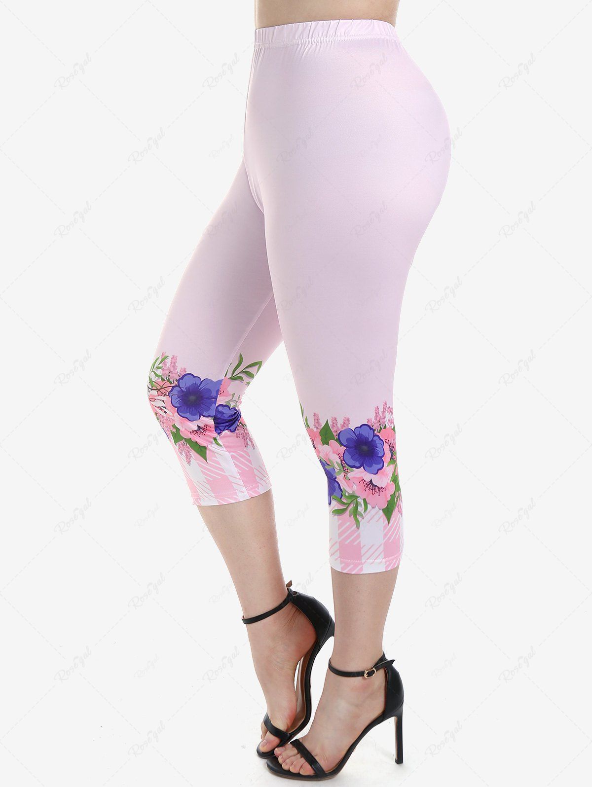 Outfits Plus Size High Waist Floral Print Skinny Capri Leggings  
