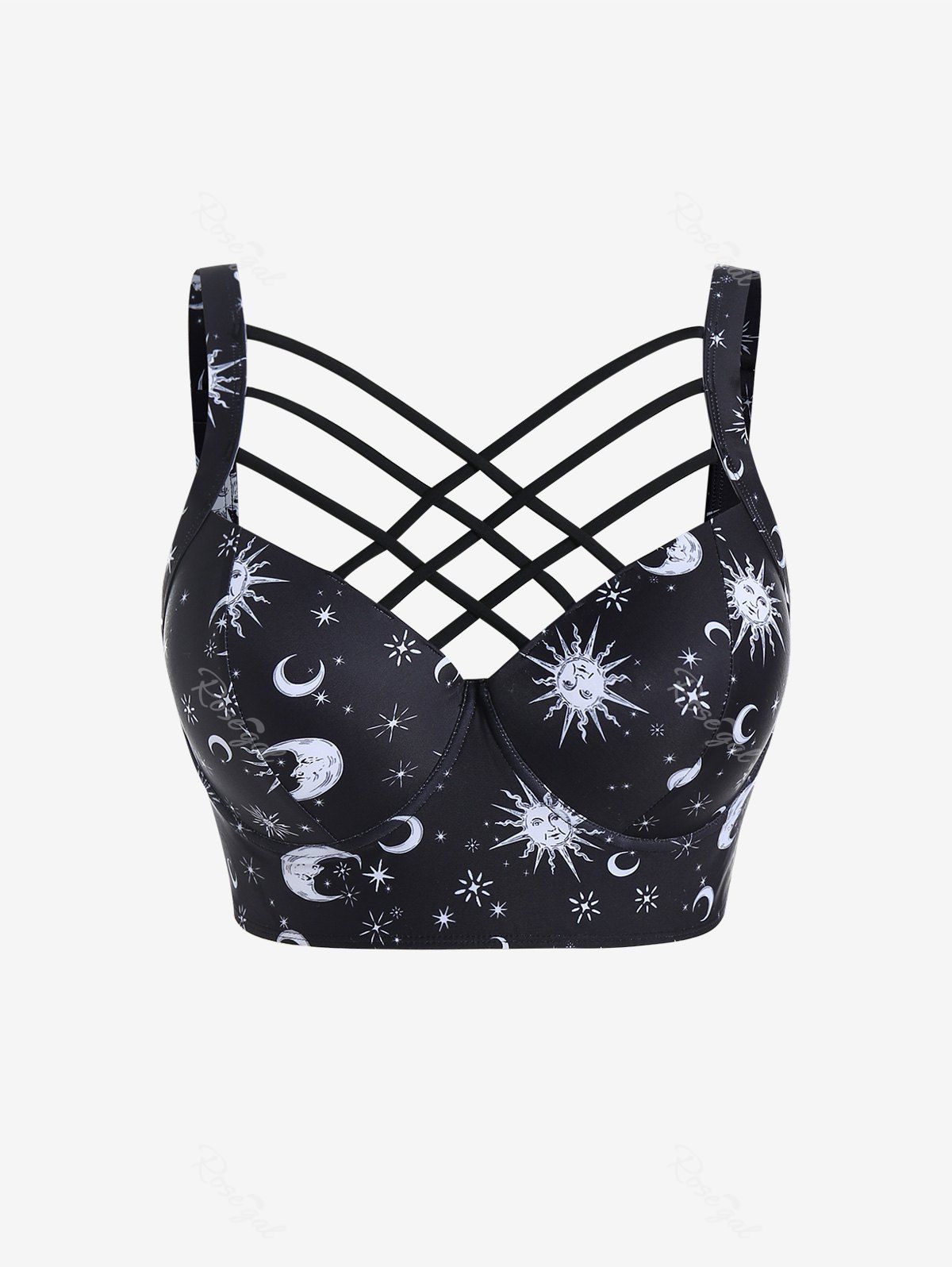 Chic Plus Size Sun Moon Print Crisscross Underwire Longline Bikini Bra  