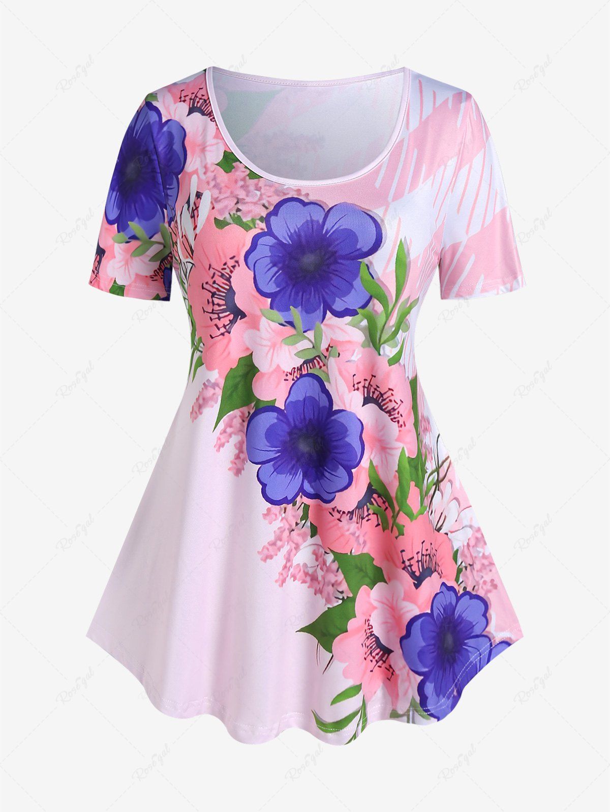 T-shirt à Manches Courtes à Imprimé Floral Rose clair 5x | US 30-32