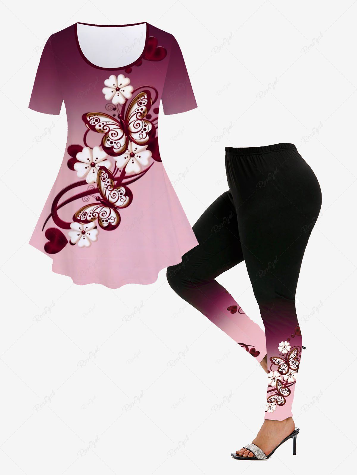 Ensemble de T-shirt Tunique et Legging Ombré à Imprimé Papillon et Fleur de Grande Taille Rose clair 