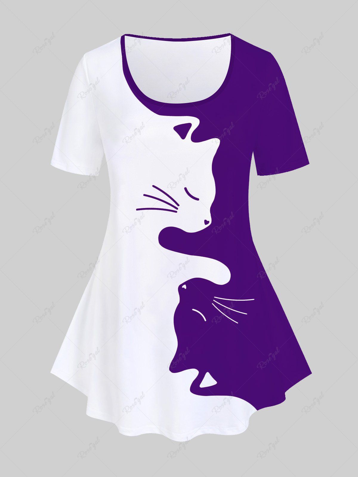 T-shirt Bicolore Motif de Chat de Grande Taille à Manches Courtes Pourpre  L | US 12