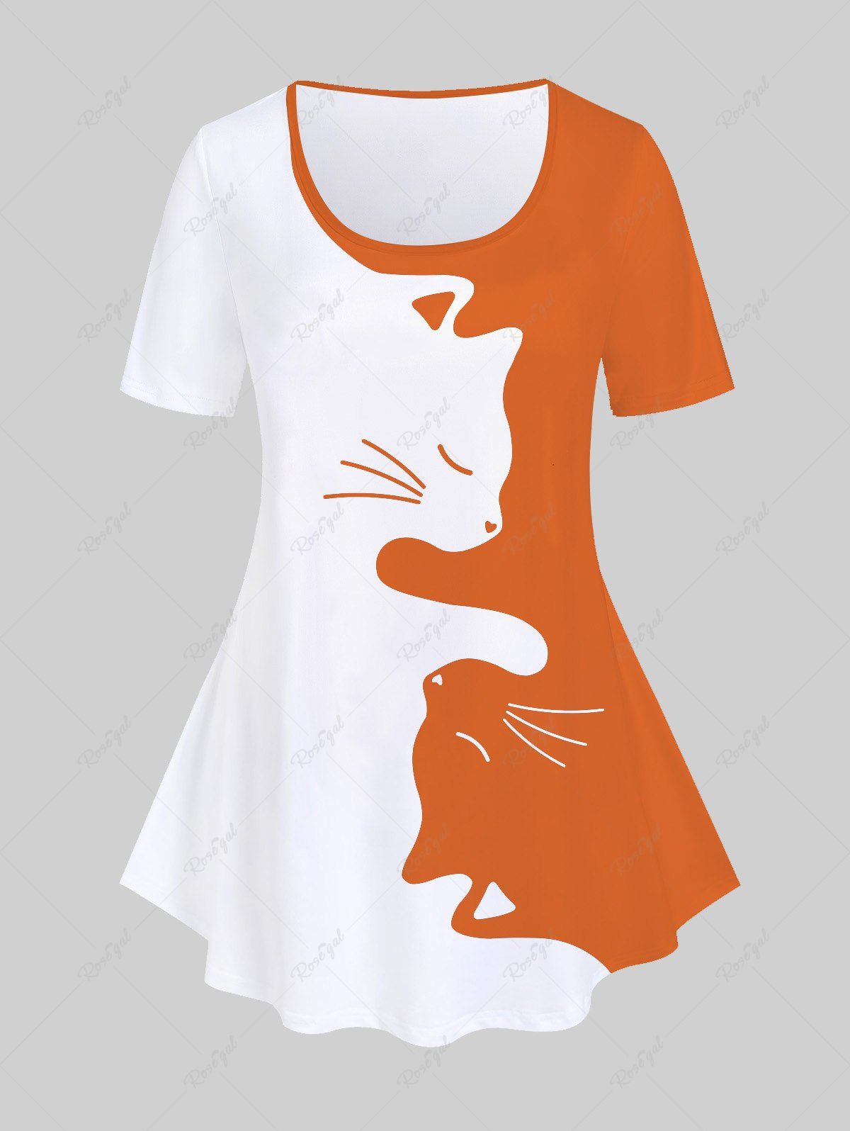 T-shirt Bicolore Motif de Chat de Grande Taille à Manches Courtes Orange 