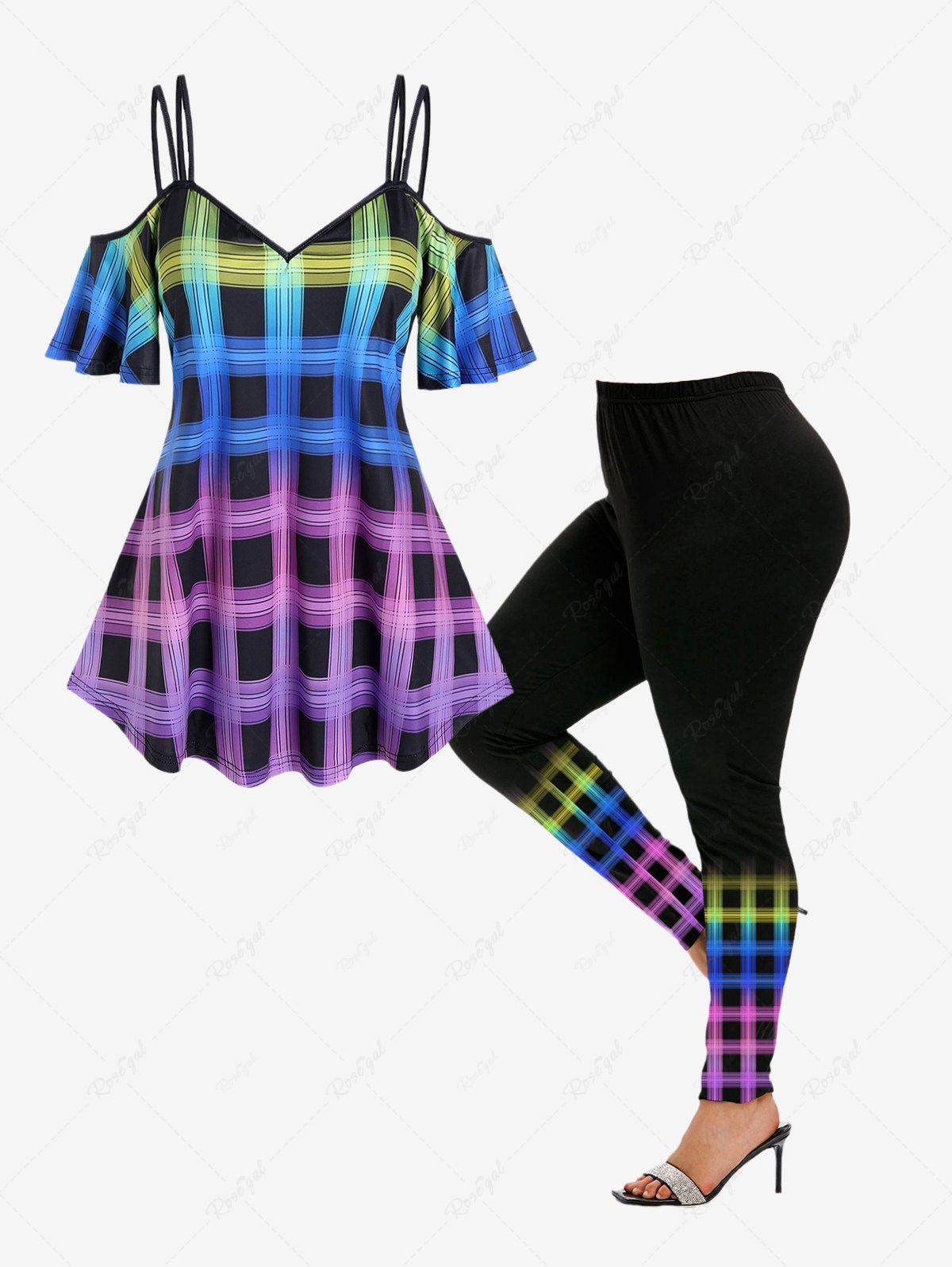 Outfit Colorful Plaid Cold Shoulder Tee and Skinny Leggings Plus Size Outfit  