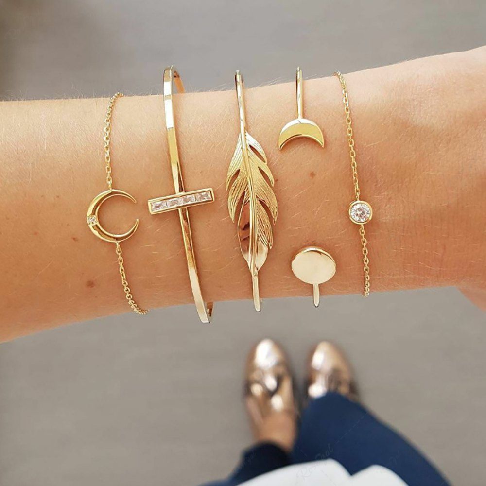 5 Pièces Bracelets à Feuille Lune Soleil avec Strass d'or 