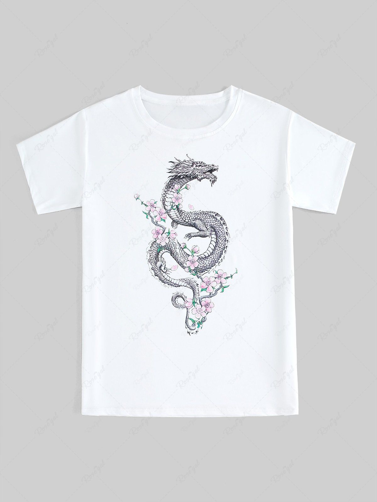 T-shirt Unisexe à Imprimé Floral Dragon à Manches Courtes Blanc 5XL