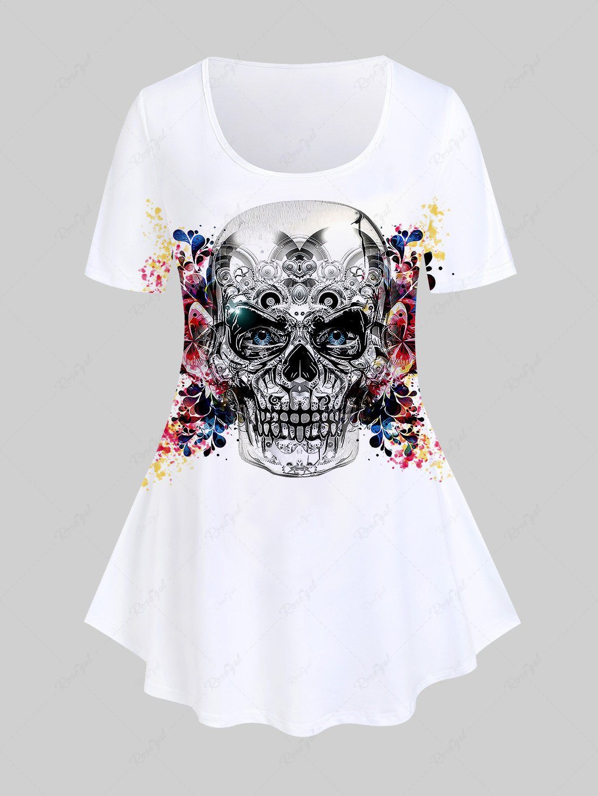 T-shirt Gothique à Imprimé Papillon Crâne Grande Taille Blanc 5x | US 30-32