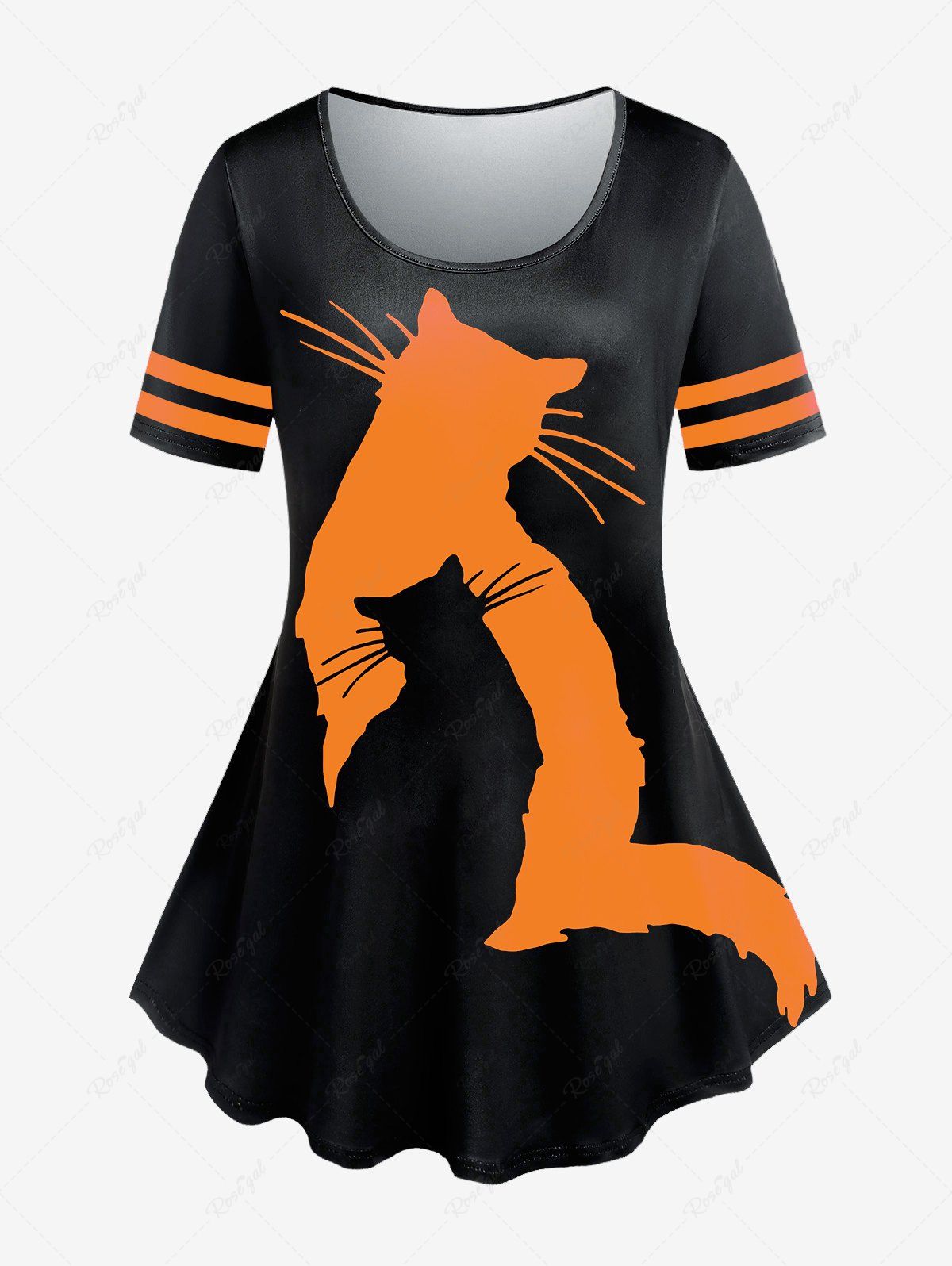 T-shirt à Imprimé Chat de Dessin Animé à Deux Couleurs Grande Taille Orange 