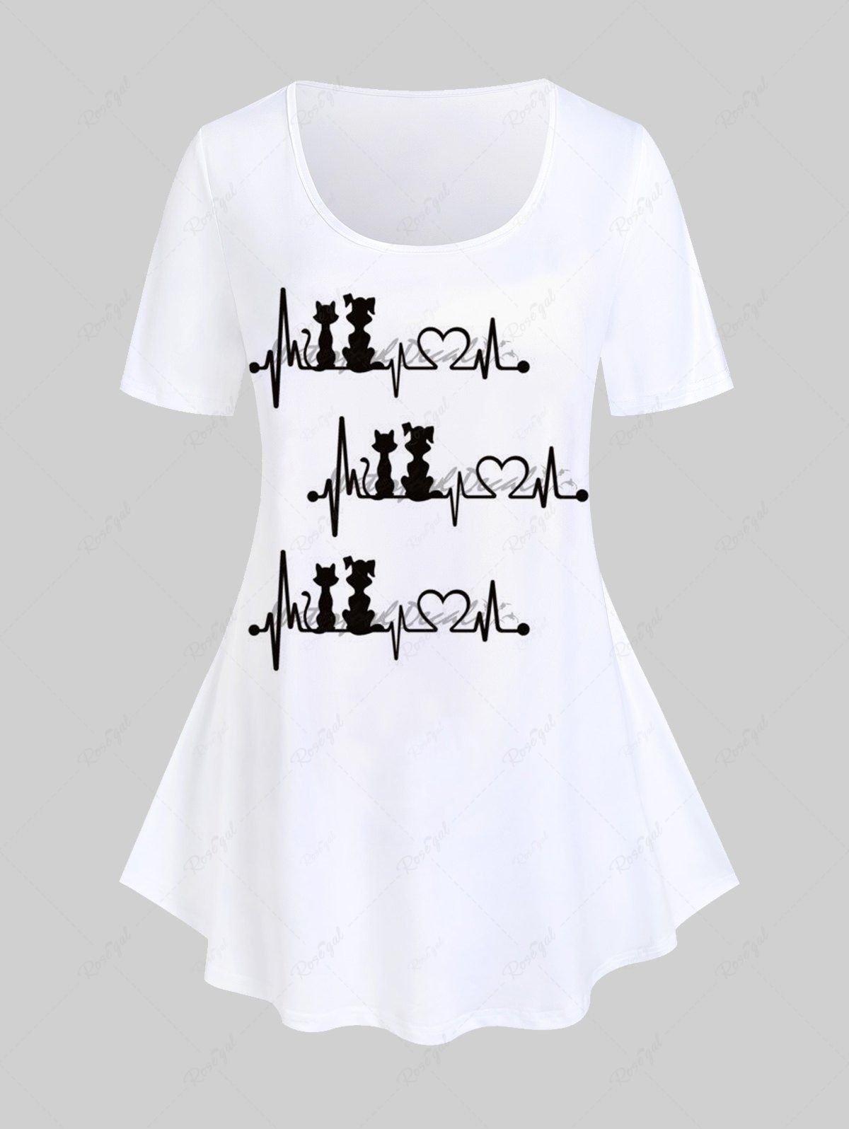 T-shirt Graphique à Imprimé Chat et ECG de Grande Taille Blanc 5x | US 30-32