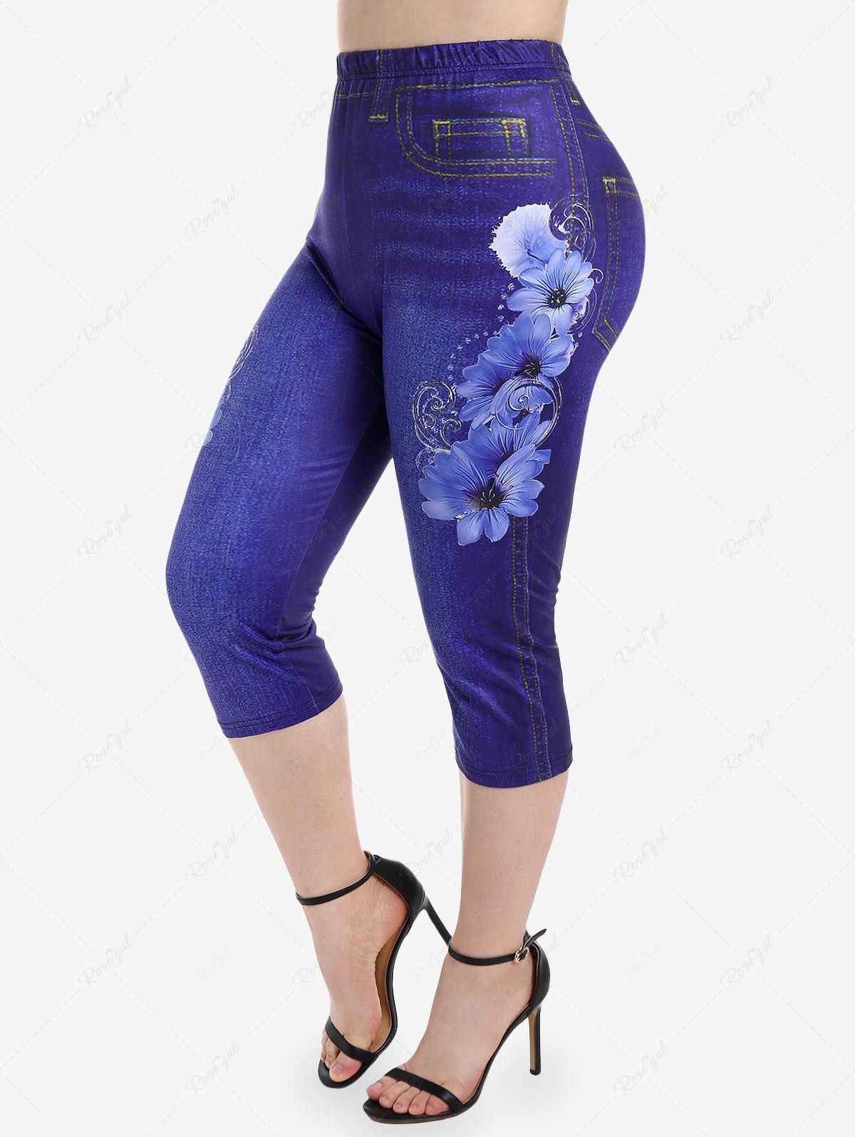 Legging Corsaire à Imprimé 3D Jean Fleuri de Grande Taille Bleu 