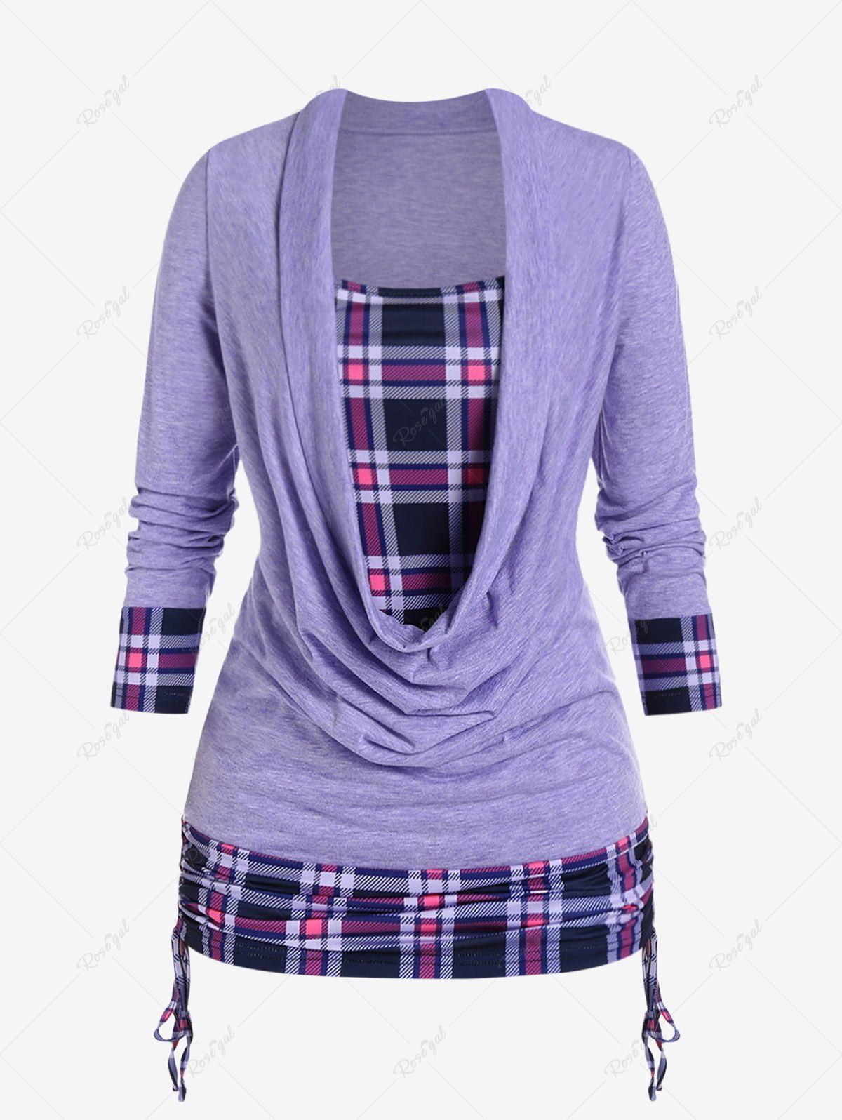Cheap Plus Size Plaid Draped Cowl Cinched Ruched 2 in 1 Tee  