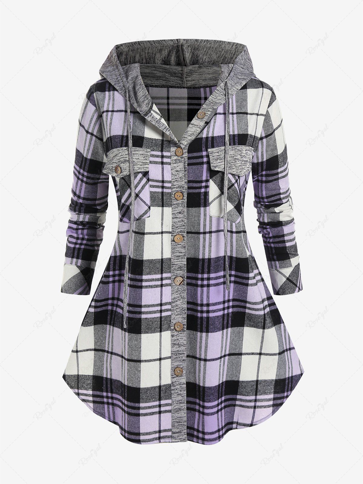 Outfits Plus Size Hooded Pockets Plaid Shirt  