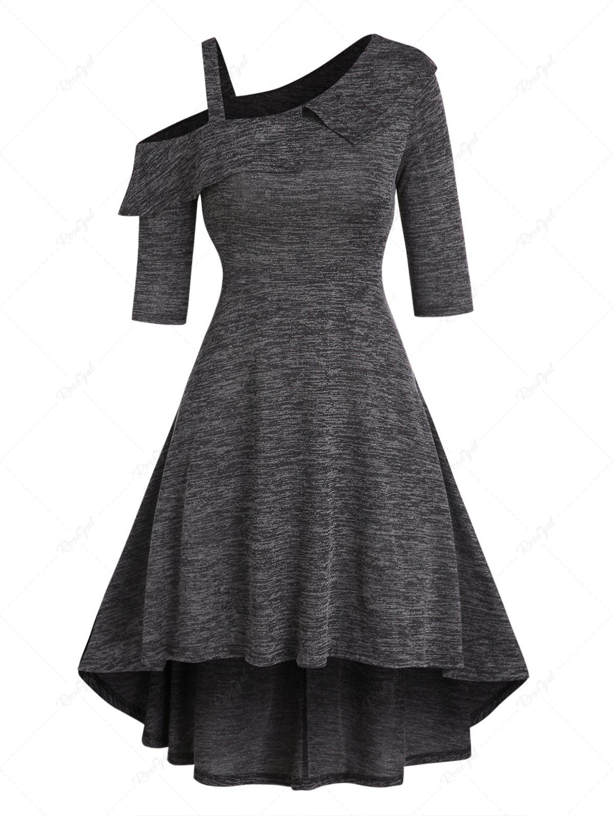Chic Cold Shoulder Skew Neck Flounce Heather High Low Dress  