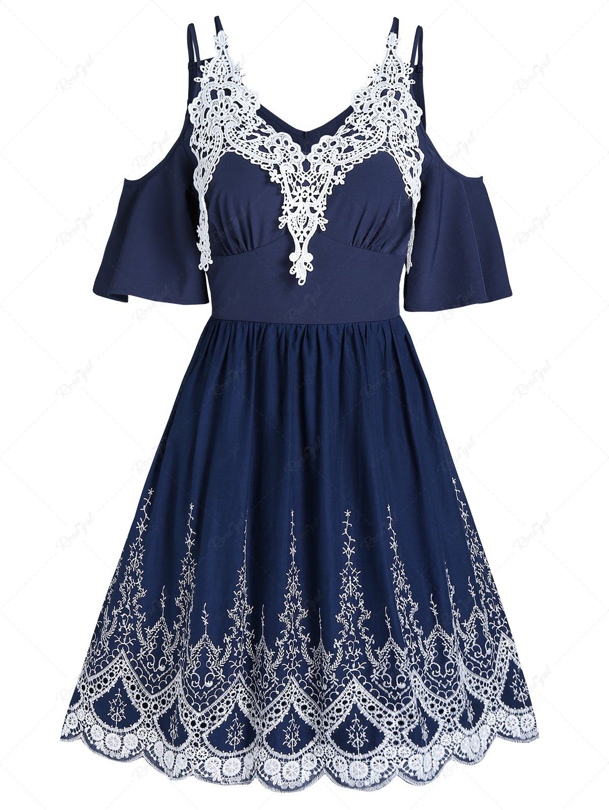 Cheap Contrast Crochet Flower Lace Cold Shoulder Dual Straps V Neck Scalloped Dress  