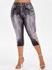 Gothic Skull Lace Overlay Tank Top and 3D Denim Print Capri Jeggings Plus Size Outfit -  