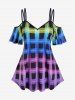 Colorful Plaid Cold Shoulder Tee and Skinny Leggings Plus Size Outfit -  