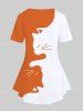 T-shirt Bicolore Motif de Chat de Grande Taille à Manches Courtes - Orange 