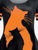 T-shirt à Imprimé Chat de Dessin Animé à Deux Couleurs Grande Taille - Orange 