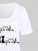 T-shirt Graphique à Imprimé Chat et ECG de Grande Taille - Blanc 5x | US 30-32