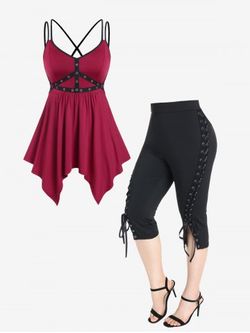 Contrast Grommet Backless Strappy Handkerchief Tank Top and Lace Up Solid Leggings Plus Size Outfit - DEEP RED