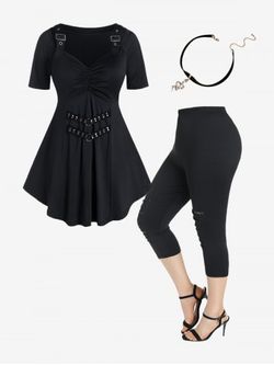 Gothic Buckles Rivets Tee and Ripped Capri Leggings with Snake Necklace Plus Size Outfit - BLACK