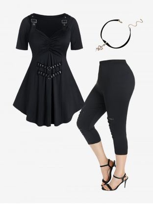 Gothic Buckles Rivets Tee and Ripped Capri Leggings with Snake Necklace Plus Size Outfit