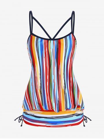 Plus Size Stripes Padded Cinched Blouson Backless Tankini Top Swimsuit