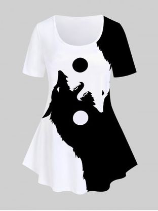 T-shirt à Imprimé Animal Loup en Blocs de Couleurs de Grande Taille