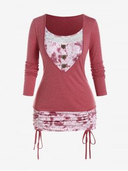 Plus Size Tie Dye Cinched Ruched Lace Panel Twofer T Shirt - LIGHT PINK - L | US 12