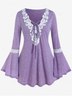 Plus Size Contrast Lace Panel Flare Sleeves Tie T Shirt - PURPLE - M | US 10