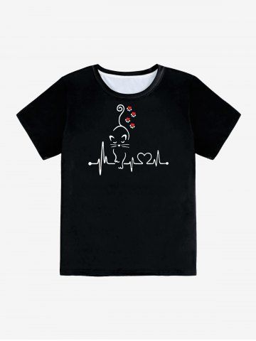 Camiseta Cuello Redondo Estampado Dibujo Animado Gato - BLACK - 5XL