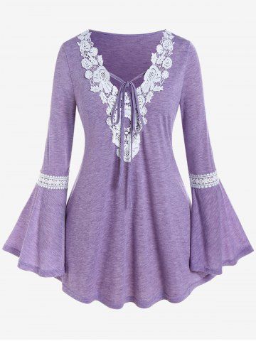 Plus Size Contrast Lace Panel Flare Sleeves Tie T Shirt - PURPLE - 4X | US 26-28