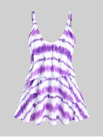 Plus Size Tie Dye Backless Layered Padded Tankini Top Swimsuit - PURPLE - M | US 10