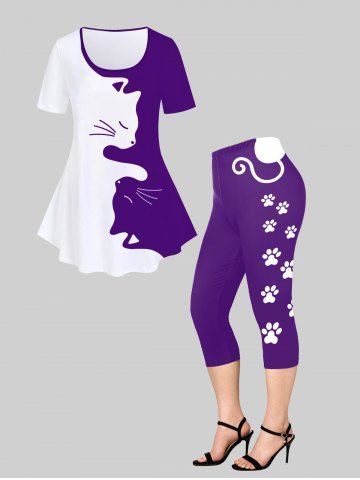 Cat Pattern Colorblock Tee and Cat-pad Printed Leggings Plus Size Summer Matching Set - PURPLE