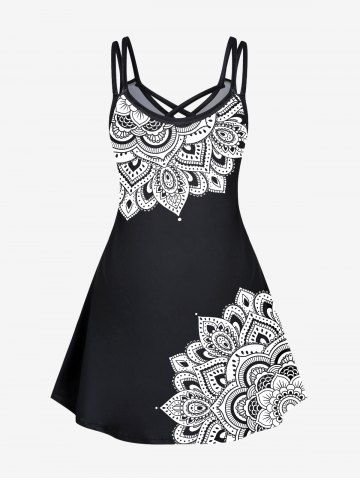 Plus Size Ethnic Printed Crisscross A Line Sleeveless Dress