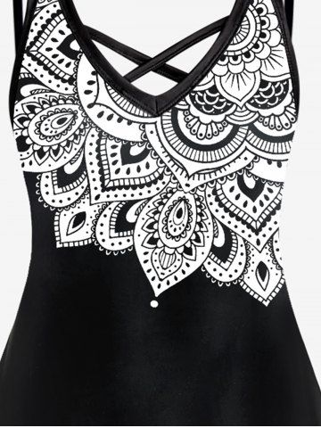 Plus Size Ethnic Printed Crisscross A Line Sleeveless Dress