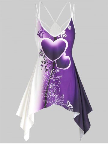 Asymmetrical Floral Heart Print Cami Short Dress - PURPLE - S