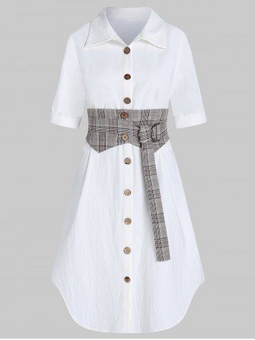 Shirt Plaid Print Insert Belted Turn Down Collar A Line Midi Button-up Casual Dress - WHITE - M