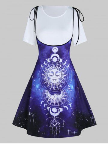 Pure Color T Shirt and Sun Moon Galaxy Print Tied Shoulder A Line Midi Suspender Skirt Two Piece Casual Outfit - DEEP BLUE - M