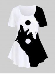 T-shirt à Imprimé Animal Loup en Blocs de Couleurs de Grande Taille - Noir 5x | US 30-32
