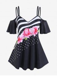 Plus Size Flower Polka Dot Stripes Cold Shoulder T Shirt -  