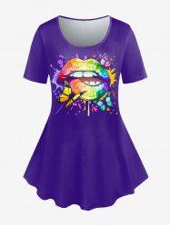T-shirt à Imprimé Lèvre et Papillon en Couleur D'Arc-en-ciel de Grande Taille - Pourpre  5x | US 30-32