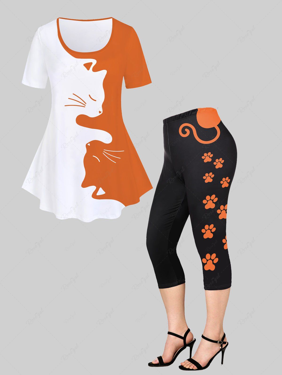 Ensemble de T-shirt Contrastant à Imprimé Chat et Dragon et Legging Grande Taille Orange Foncé 