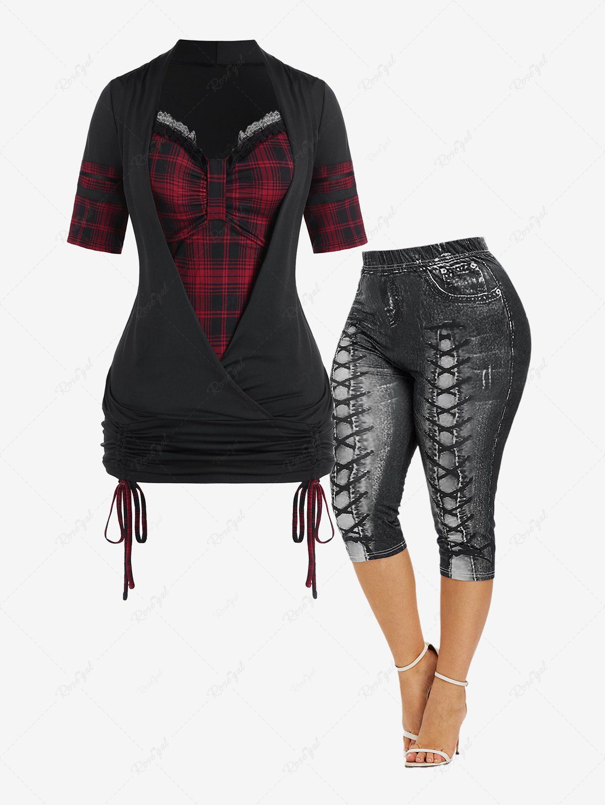Ensemble de T-shirt 2 en 1 et Legging Corsaire à Imprimé 3D Jean de Grande Taille à Lacets Noir 