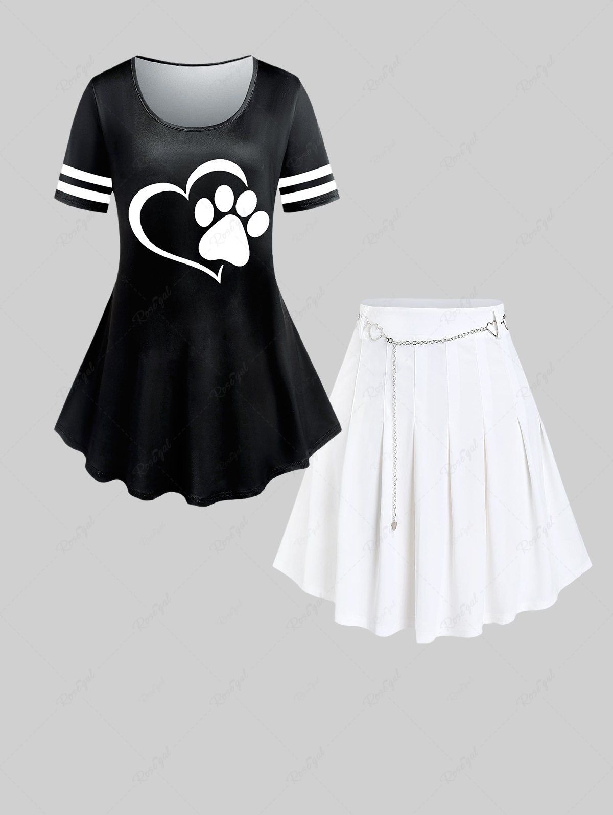Unique Cat Paw Heart Print Tee and Chains Mini Pleated Skirt Plus Size Outfit  