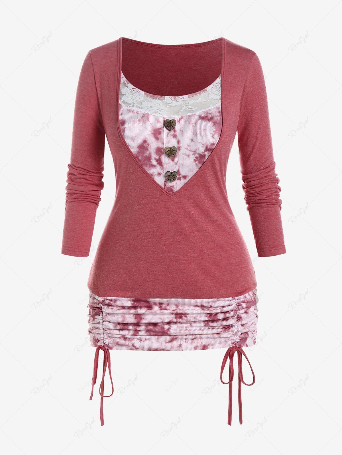 Sale Plus Size Tie Dye Cinched Ruched Lace Panel Twofer T Shirt  