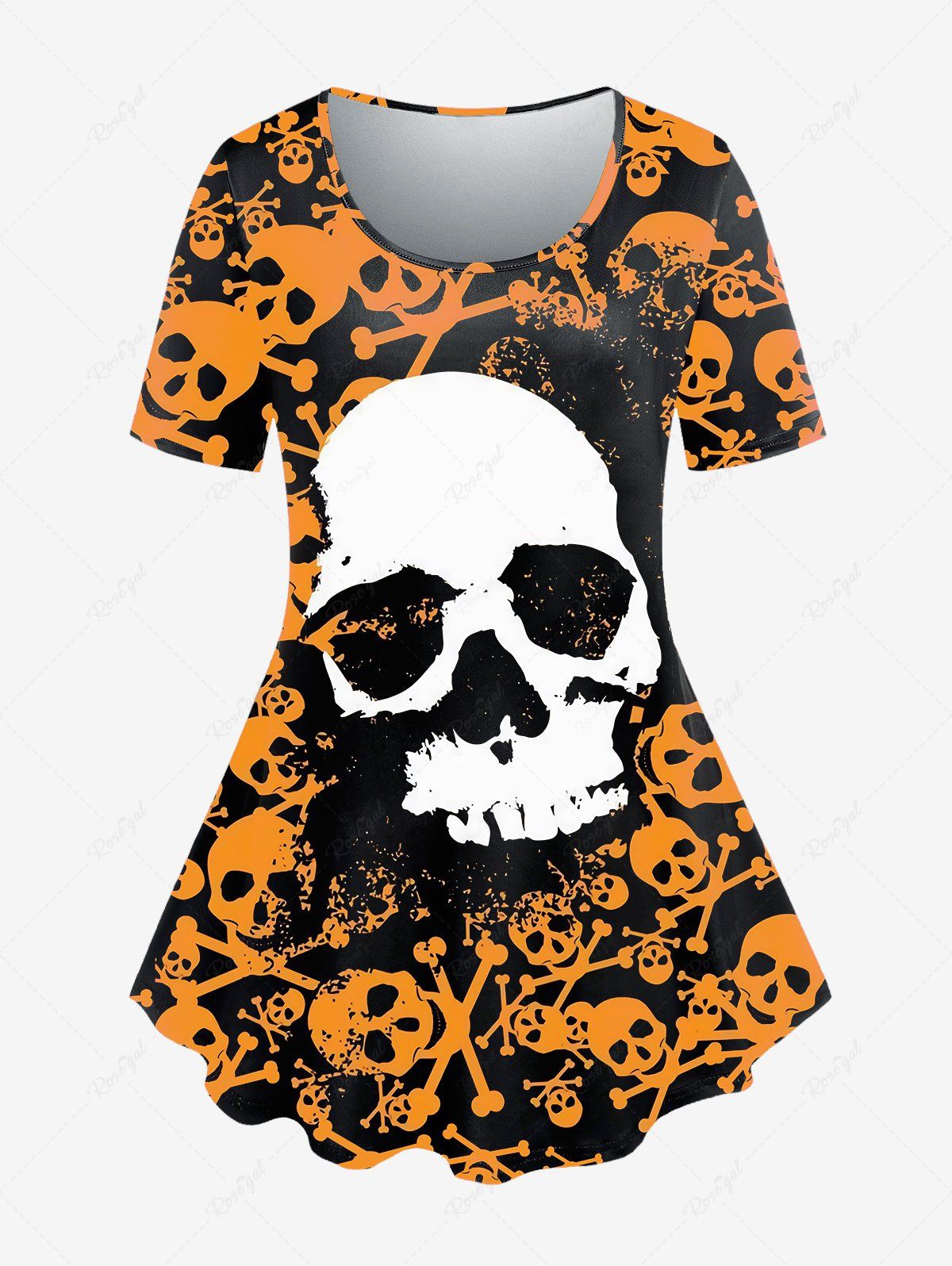 T-shirt Gothique à Imprimé Crâne de Grande Taille Orange 3X | US 22-24