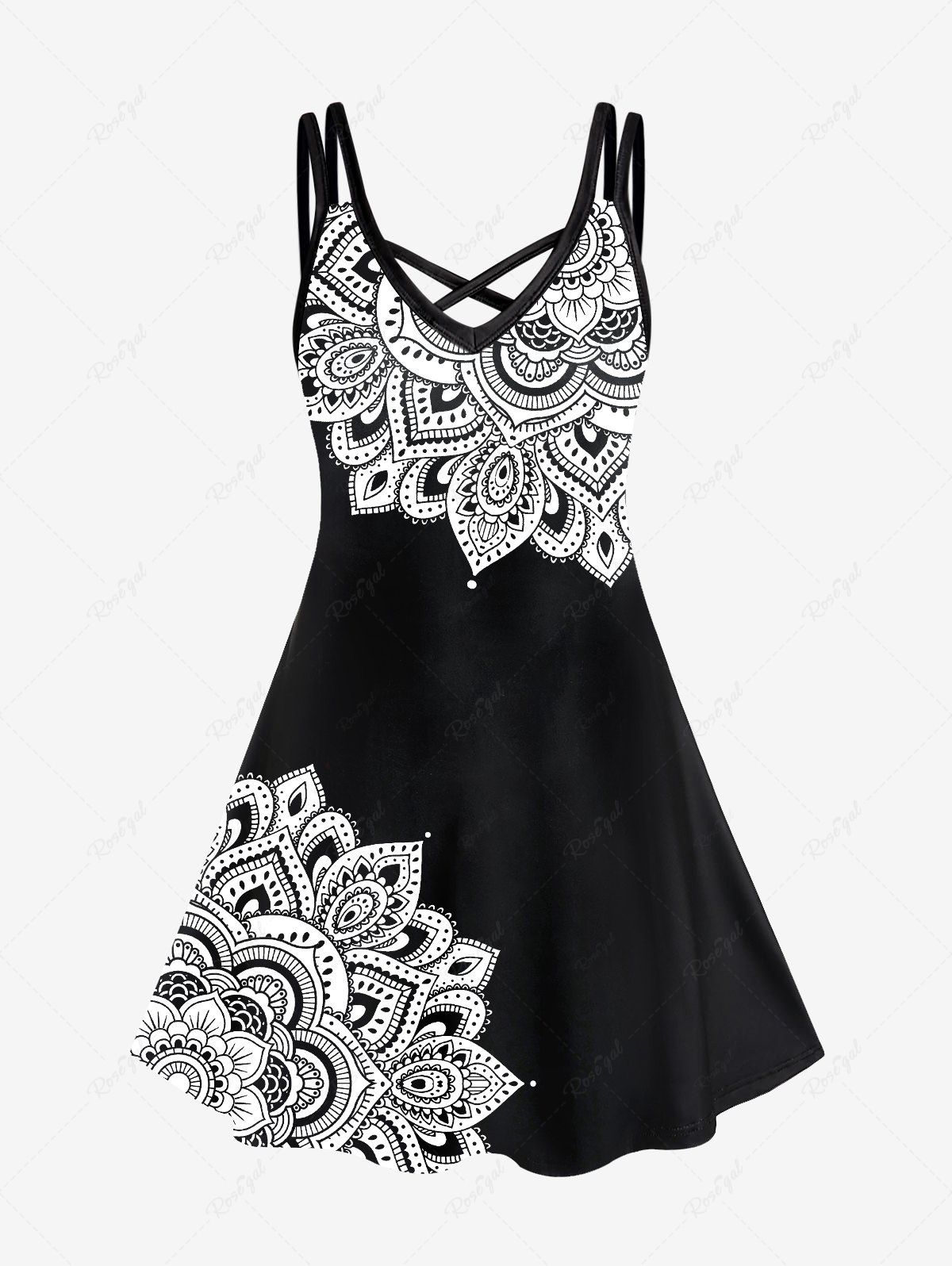 Hot Plus Size Ethnic Printed Crisscross A Line Sleeveless Dress  