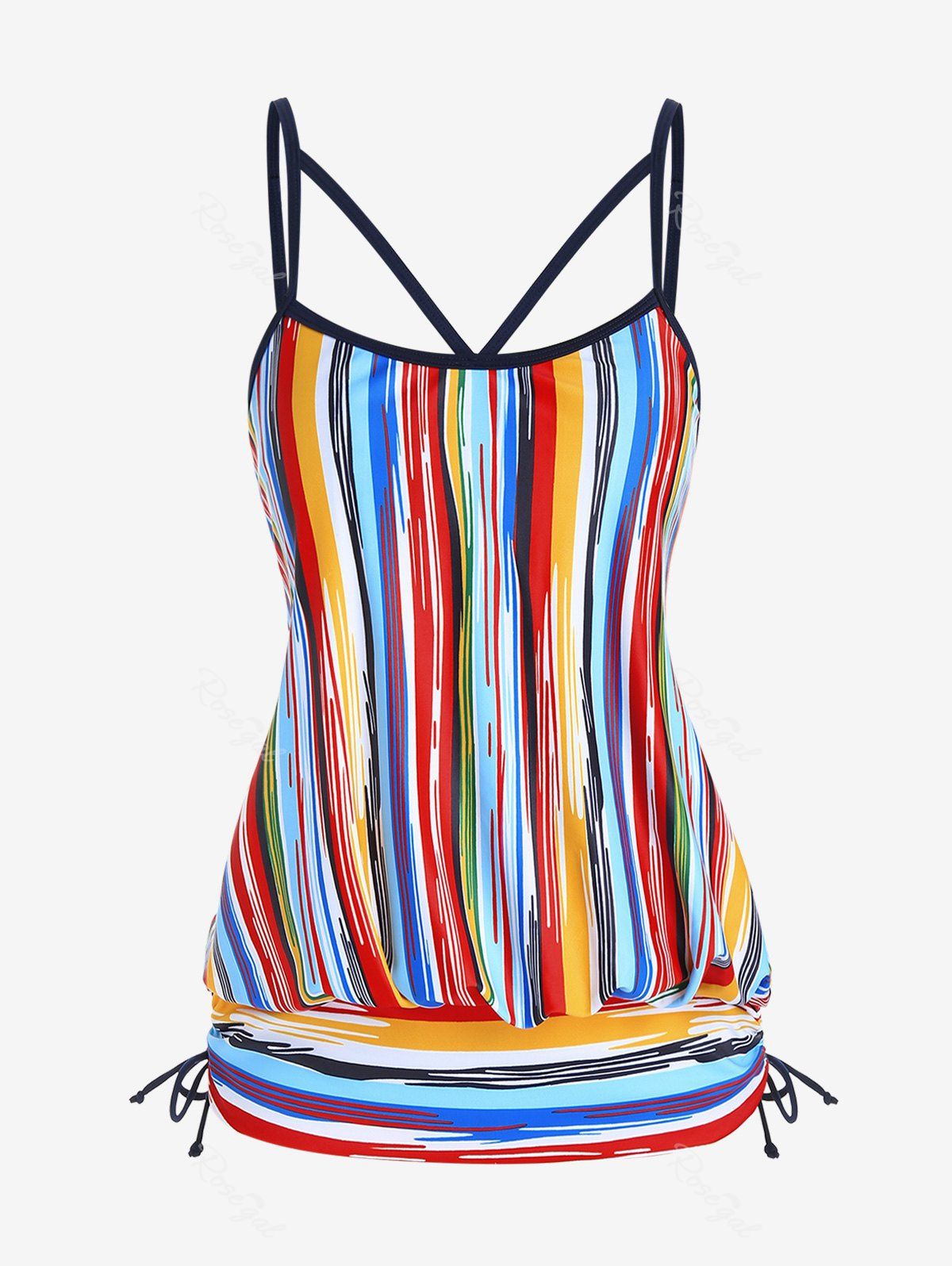 Shops Plus Size Stripes Padded Cinched Blouson Backless Tankini Top Swimsuit  