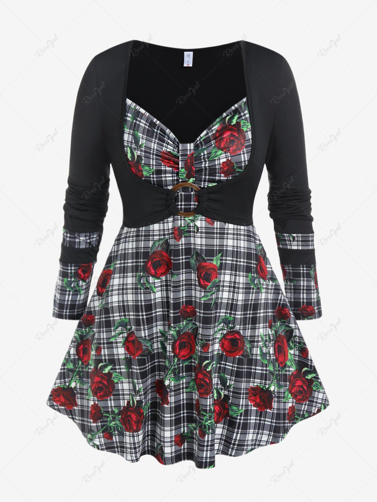 Shops Plus Size Plaid Rose Print 2 in 1 Tee  